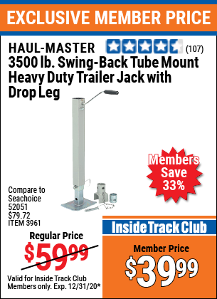 Haul Master 3500 Lbs Swing Back Tube Mount Heavy Duty Trailer Jack With Drop Leg For 39 99 Harbor Freight Coupons