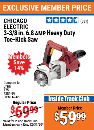 CHICAGO ELECTRIC 3-3/8 in. 6.8 Amp Heavy Duty Toe-Kick Saw for $59.99