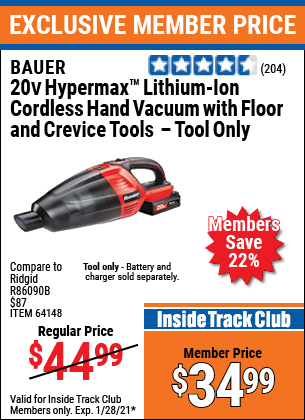 Bauer 20V Cordless Hand Vacuum - Tool Only