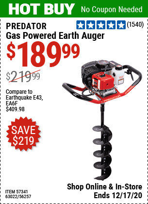 PREDATOR Gas Powered Earth Auger for $189.99 – Harbor Freight Coupons