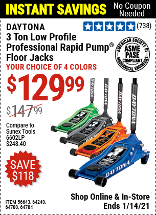 DAYTONA 3 Ton Low Profile Steel Professional Floor Jack With Rapid Pump for  $129.99 – Harbor Freight Coupons