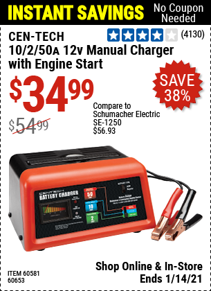 CEN-TECH 12V Manual Charger With Engine Start for $ – Harbor Freight  Coupons