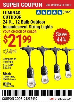 24 Ft. 12 Bulb Outdoor Incandescent String Lights - Black