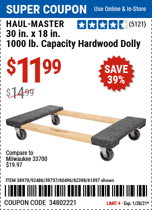 30 In x 18 In 1000 lb Capacity Hardwood Dolly