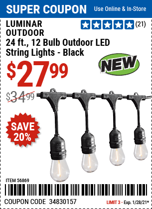 24 Ft 12 Bulb Outdoor LED String Lights Black