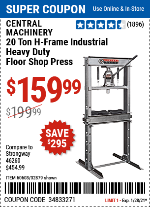 20 Ton H Frame Industrial Heavy Duty Floor Shop Press