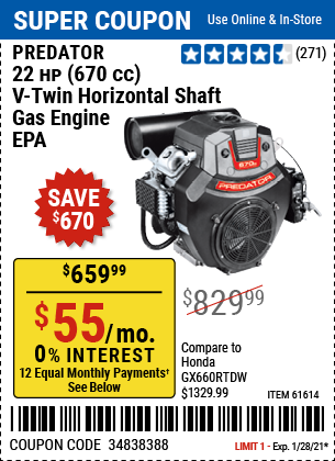 22 HP 670cc V Twin Horizontal Shaft Gas Engine EPA
