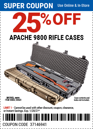 25% Off APACHE 9800 Rifle cases – Valid through 1/28/21 – Harbor