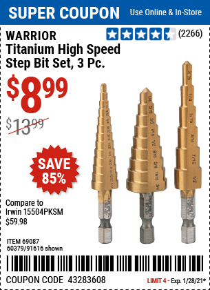 WARRIOR Titanium High Speed Steel Step Bit Set 3 Pc. for $8.99 – Harbor