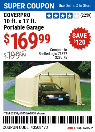 COVERPRO 10 Ft. X 17 Ft. Portable Garage for $169.99 – Harbor Freight