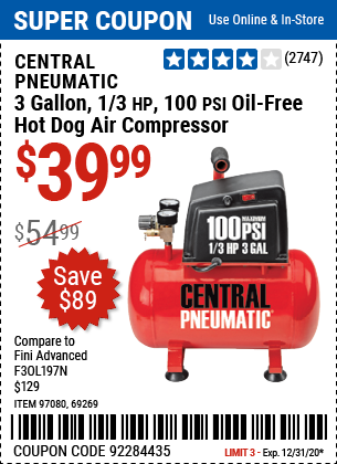 3 gallon 1/3 HP 100 PSI Oil-Free Hotdog Air Compressor