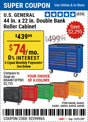 44 in. x 22 In. Double Bank Roller Cabinet, Red