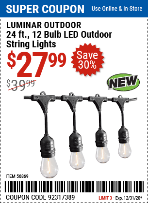 24 Ft. 12 Bulb Outdoor LED String Lights - Black