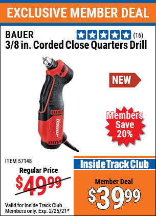 BAUER 3/8 In. Corded Close Quarters Drill for $39.99 – Harbor Freight  Coupons