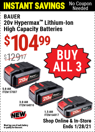 Bauer 20v HyperMax Lithium-Ion High Capacity Batteries for $104.99