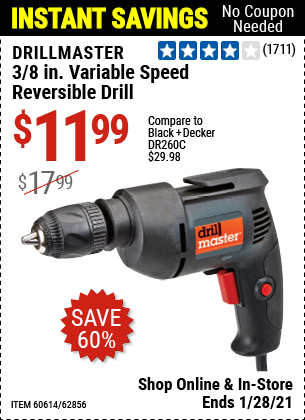 DRILL MASTER 3/8 in. Variable Speed Reversible Drill for $11.99 – Harbor  Freight Coupons