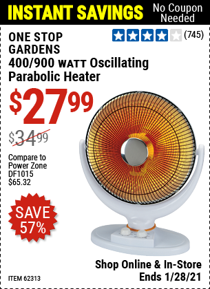 ONE STOP GARDENS 400/900 Watt Oscillating Parabolic Heater for $27.99 –  Harbor Freight Coupons