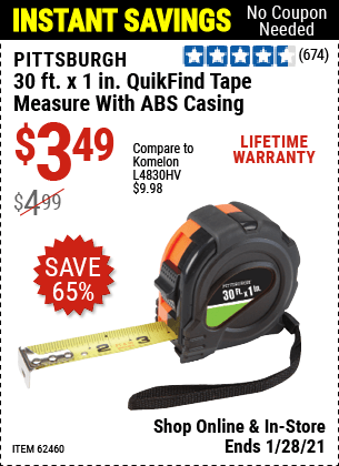 PITTSBURGH 30 ft. x 1 in. QuikFind Tape Measure with ABS Casing for $3. ...