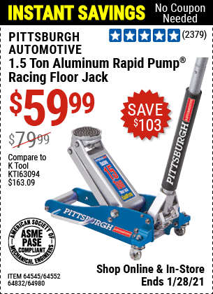 PITTSBURGH 1.5 Ton Aluminum Rapid Pump Racing Floor Jack for $59.99 – Harbor  Freight Coupons