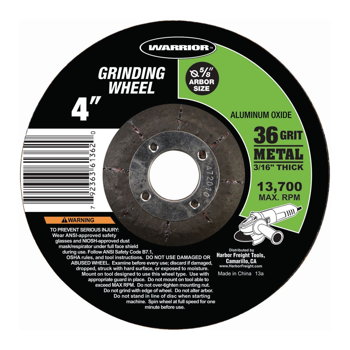 WARRIOR 4 in. 36 Grit Metal Grinding Wheel - Item 39675 / 61362