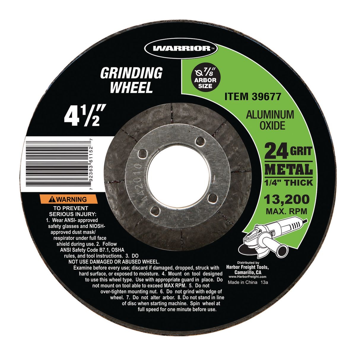 WARRIOR 4-1/2 in. 24 Grit Metal Grinding Wheel - Item 39677 / 61152 / 61448