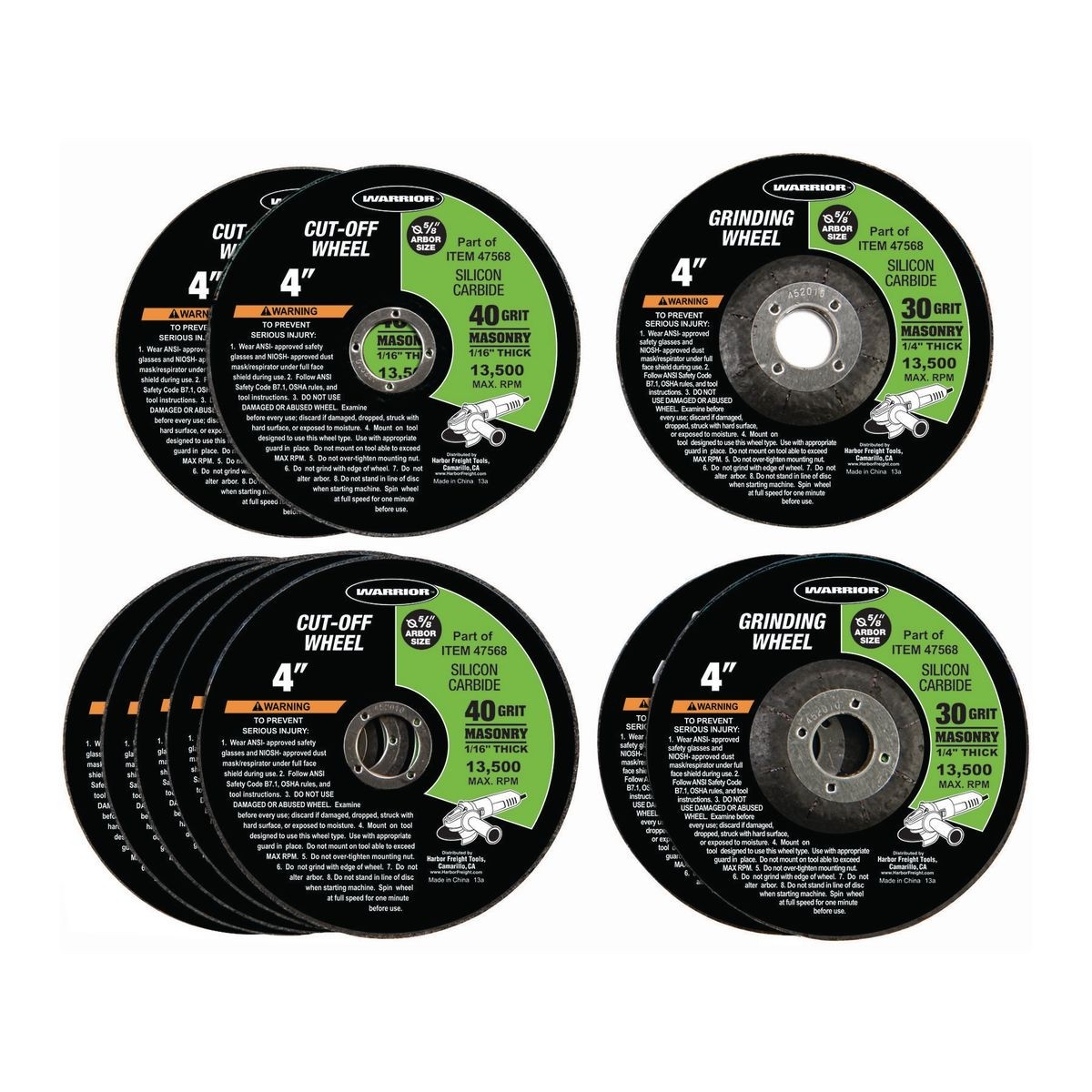 WARRIOR 4 in. Metal/Masonry Grinding/Cut-off Wheel Assorted Set 10 Pc. - Item 47568 / 60832