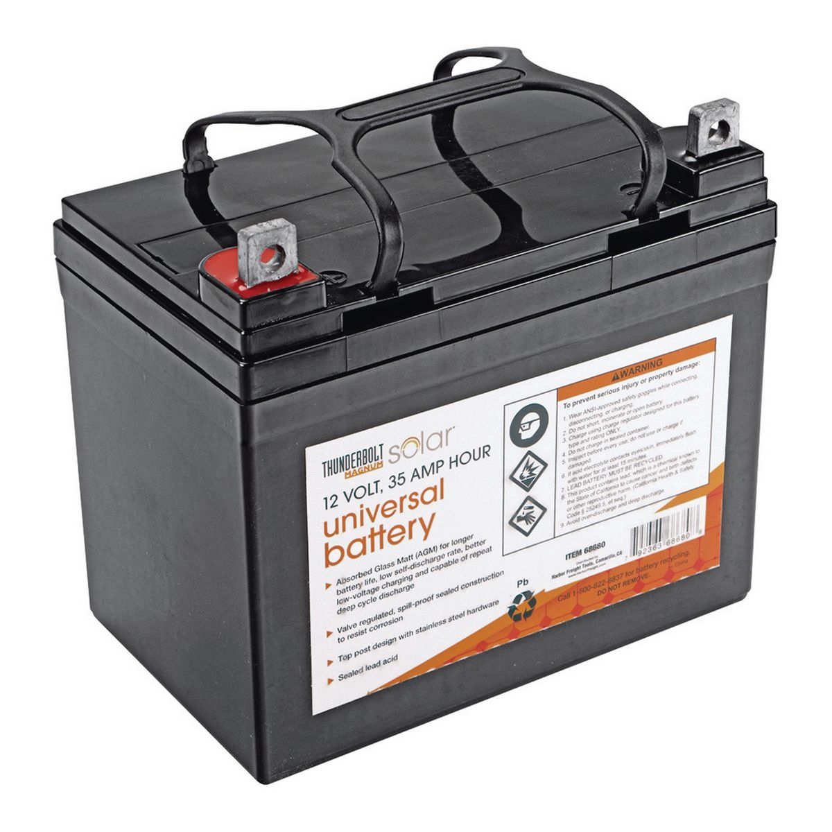 THUNDERBOLT 12 Volt 35 Amp Hour Sealed Lead Acid Battery - Item 64102 / 56770 / 68680