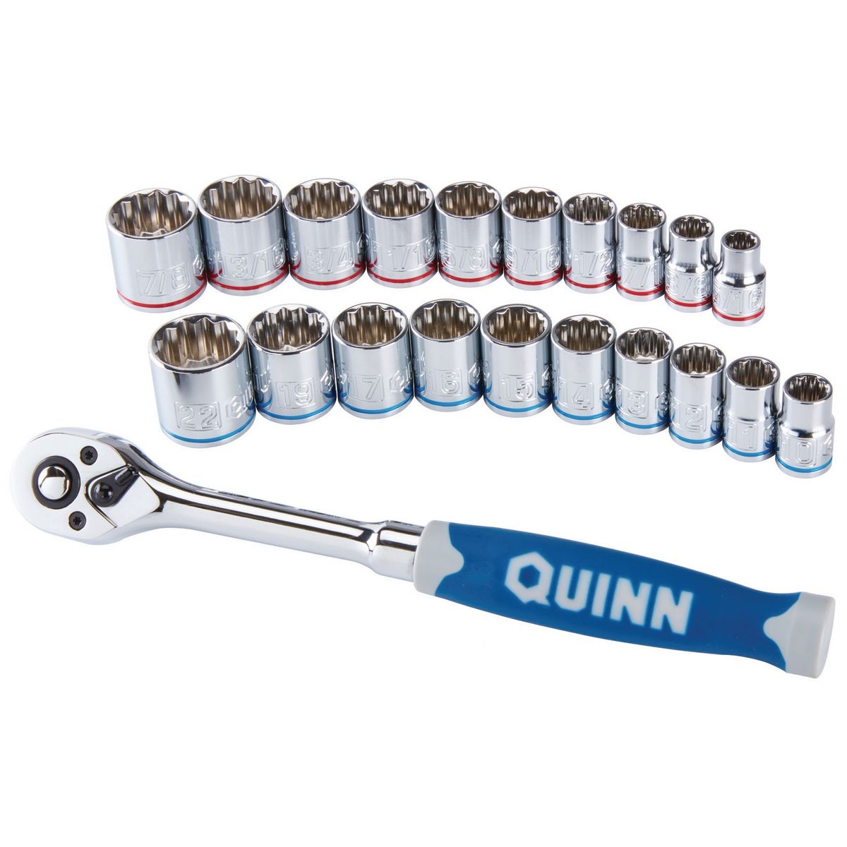 QUINN 3/8 in. Drive SAE & Metric Chrome Socket and Ratchet Set 21 Pc. - Item 64536 / 64515