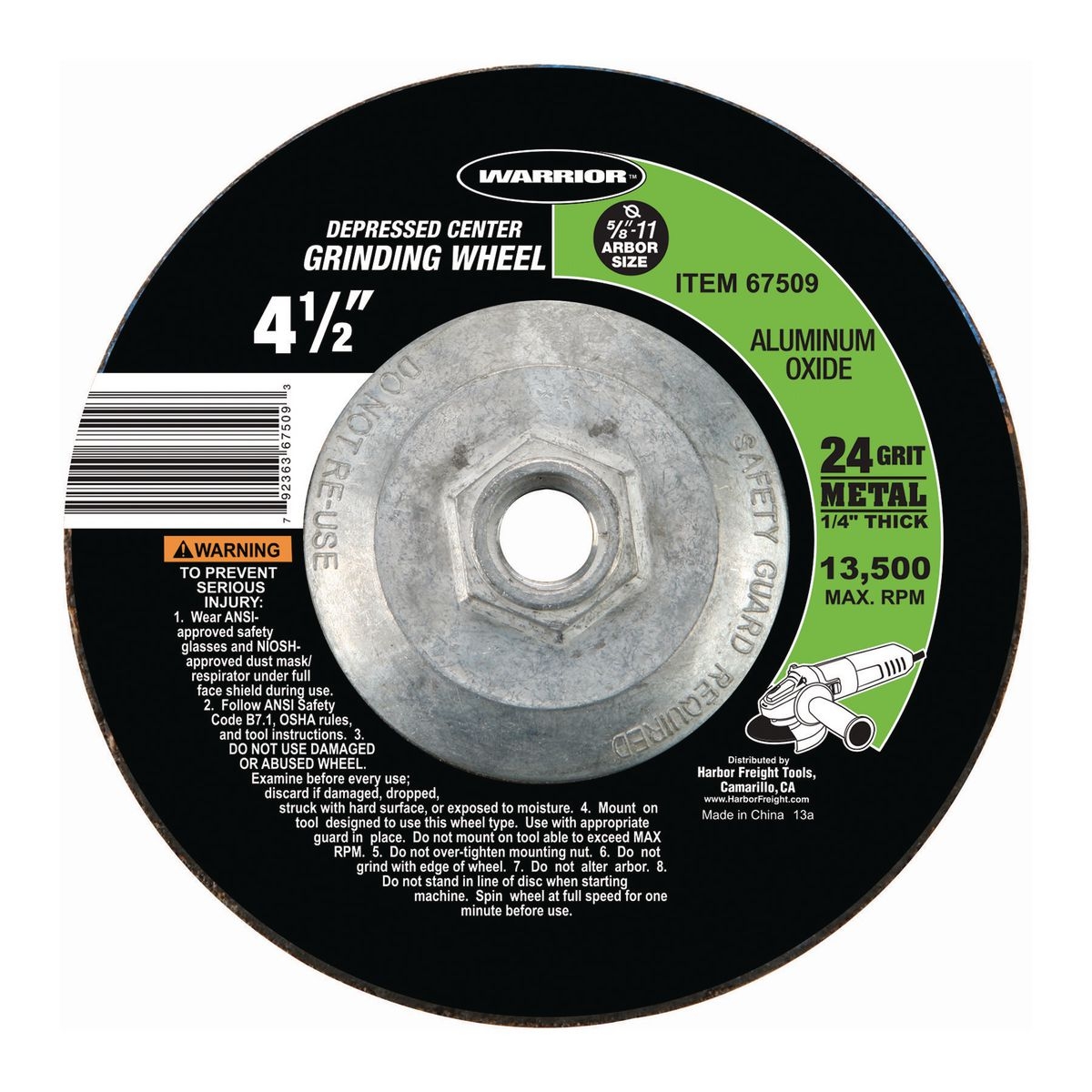 WARRIOR 4-1/2 in. 24 Grit Depressed Center Metal Grinding Wheel - Item 67509 / 61211