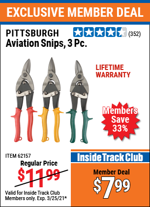 PITTSBURGH Aviation Snips 3 Pc. for $7.99 – Harbor Freight Coupons