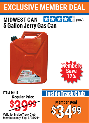 MIDWEST CAN 5 Gallon Jerry Gas Can for $34.99 – Harbor Freight Coupons