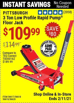 PITTSBURGH AUTOMOTIVE 3 Ton Low Profile Steel Heavy Duty Floor Jack With Rapid  Pump for $109.99 – Harbor Freight Coupons
