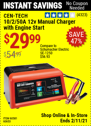CEN-TECH 12V Manual Charger With Engine Start for $29.99 – Harbor