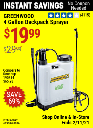 GREENWOOD 4 gallon Backpack Sprayer – Item 63092 / 61368 / 63036
