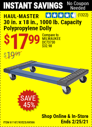 HAUL-MASTER 30 in. x 18 in. 1000 Lbs. Capacity Polypropylene Dolly for