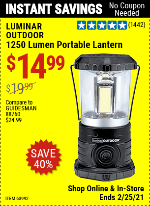 LUMINAR OUTDOOR 1250 Lumen Portable Lantern for $16.99 – Harbor Freight  Coupons