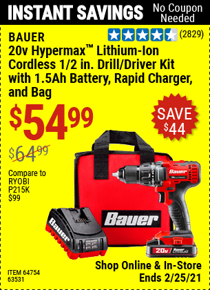 BAUER 20V Hypermax Lithium 1/2 In. Drill/Driver Kit for $54.99 – Harbor  Freight Coupons