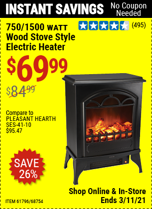 750 1500 Watt Wood Stove Style Electric, Wood Stoves Fireplaces Promo Code