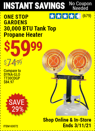 ONE STOP GARDENS 30000 BTU Tank Top Propane Heater for $59.99 – Harbor  Freight Coupons
