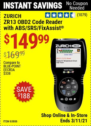 ZURICH ZR13 OBD2 Code Reader With ABS/SRS/FixAssist for $149.99