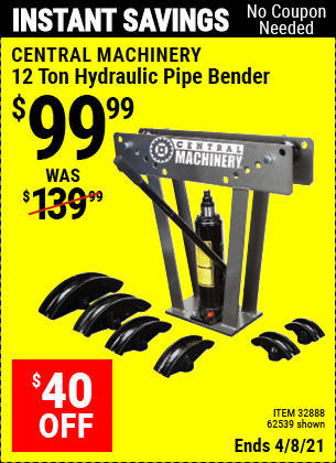 Buy the CENTRAL MACHINERY 12 Ton Hydraulic Pipe Bender (Item 32888/62539) for $99.99, valid through 4/8/2021.
