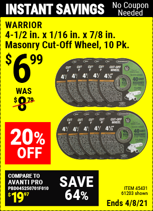 Buy the WARRIOR 4-1/2 in. 40 Grit Masonry Cut-Off Wheel 10 Pk. (Item 45431/61203) for $6.99, valid through 4/8/2021.