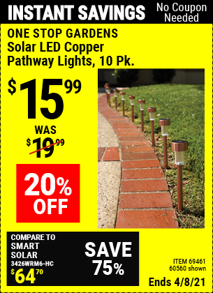 Buy the ONE STOP GARDENS Solar Copper LED Path Lights 10 Pc. (Item 60560/69461) for $15.99, valid through 4/8/2021.