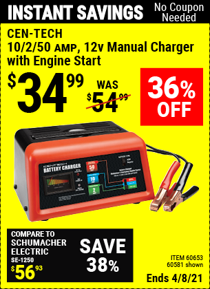Buy the CEN-TECH 12V Manual Charger With Engine Start (Item 60581/60653) for $34.99, valid through 4/8/2021.