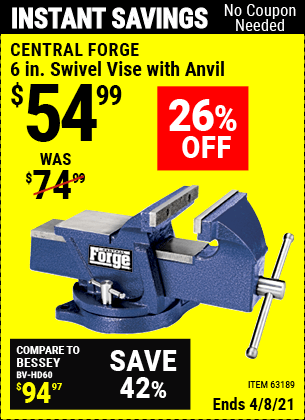 Buy the CENTRAL FORGE 6 in. Swivel Vise with Anvil (Item 63189) for $54.99, valid through 4/8/2021.