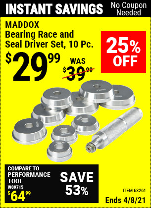 Buy the MADDOX Bearing Race and Seal Driver Set 10 Pc. (Item 63261) for $29.99, valid through 4/8/2021.