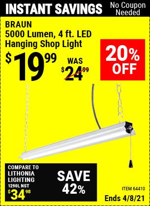 Buy the BRAUN 4 Ft. LED Hanging Shop Light (Item 64410) for $19.99, valid through 4/8/2021.