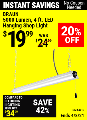 BRAUN 4 Ft. LED Hanging Shop Light for 19.99 Harbor Freight Coupons