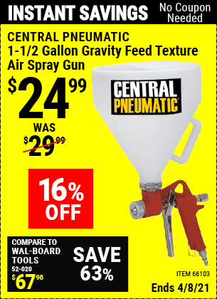 CENTRAL PNEUMATIC 1-1/2 gallon Gravity Feed Texture Air Spray Gun for ...