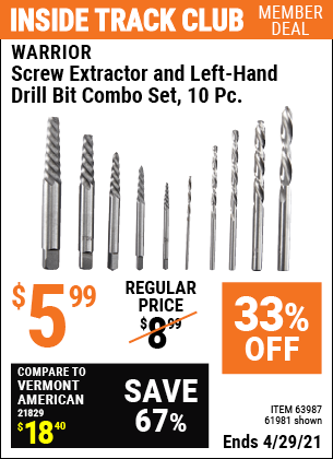 WARRIOR Screw Extractor and Left-Hand Drill Bit Combo Set 12 Pc. for $5.99  – Harbor Freight Coupons
